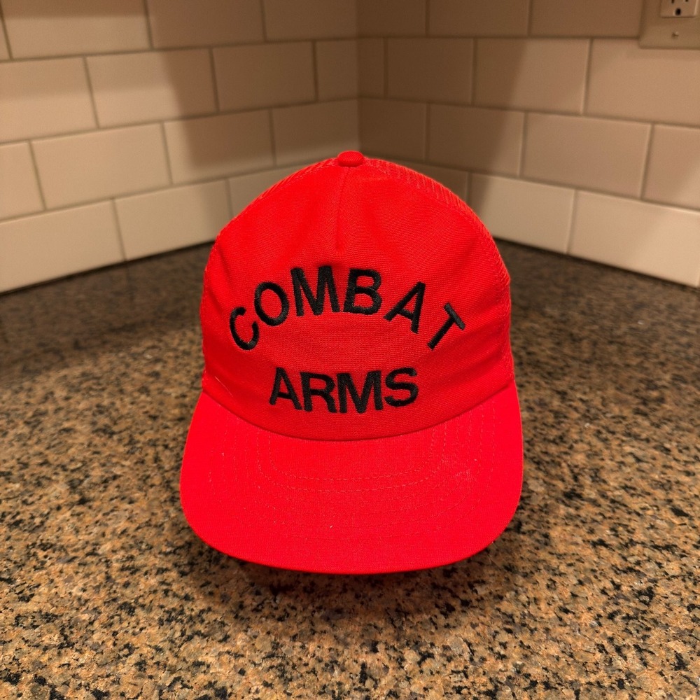 Vtg Combat Arms Trucker Hat Adjustable Red Black Mesh Snapback Cap